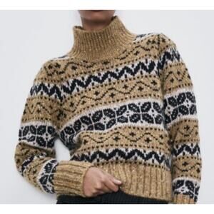 Zara Fair Isle Mustard Yellow Turtleneck Sparkle Holiday Sweater Small Wool